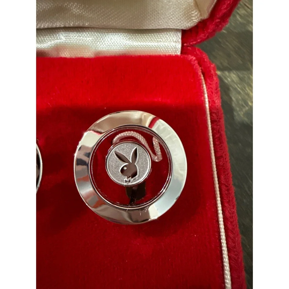 Playboy Vintage 60s Silver Tone Bunny Logo Cufflinks w/ Original Red Velvet Box